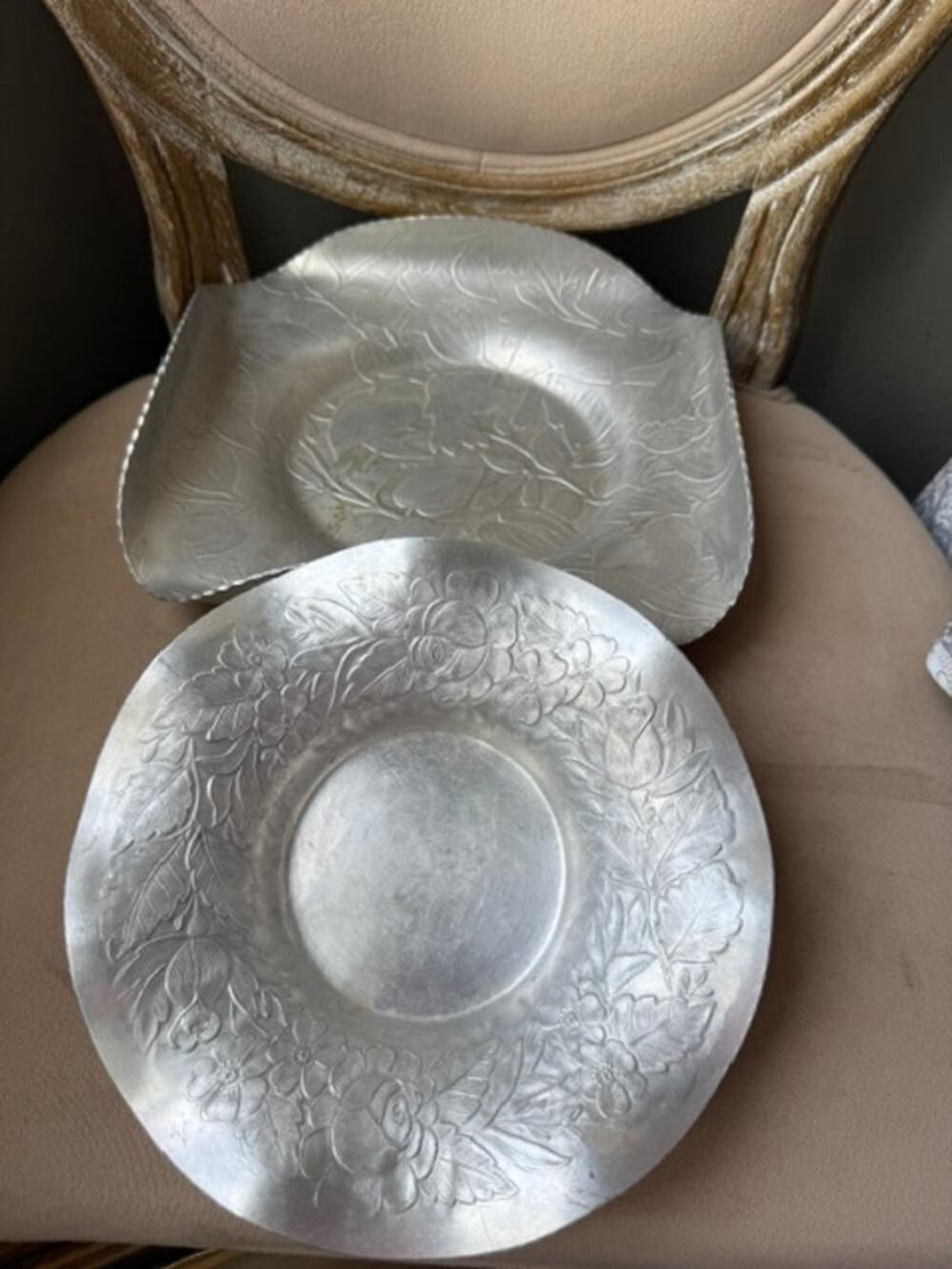 Vintage Embossed Metal Tray & Bowl Set – Floral Aluminum Pair – 10" & 8.5"